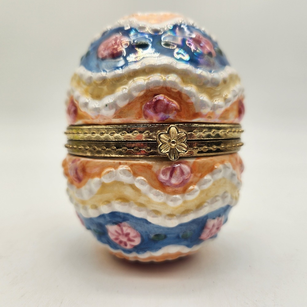 Vintage Porcelain Hinged Lusterware Egg Trinket Box 3D Multi-Color Gold‎ Trim
